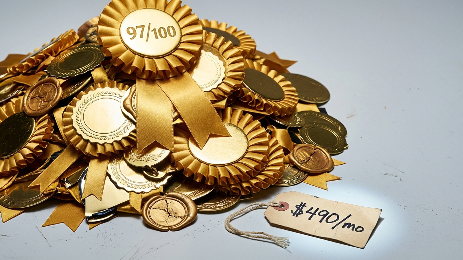 A tiny handwritten price tag reading $490/mo peeks out from under a towering pile of gold award rosettes, one boasting 97/100.