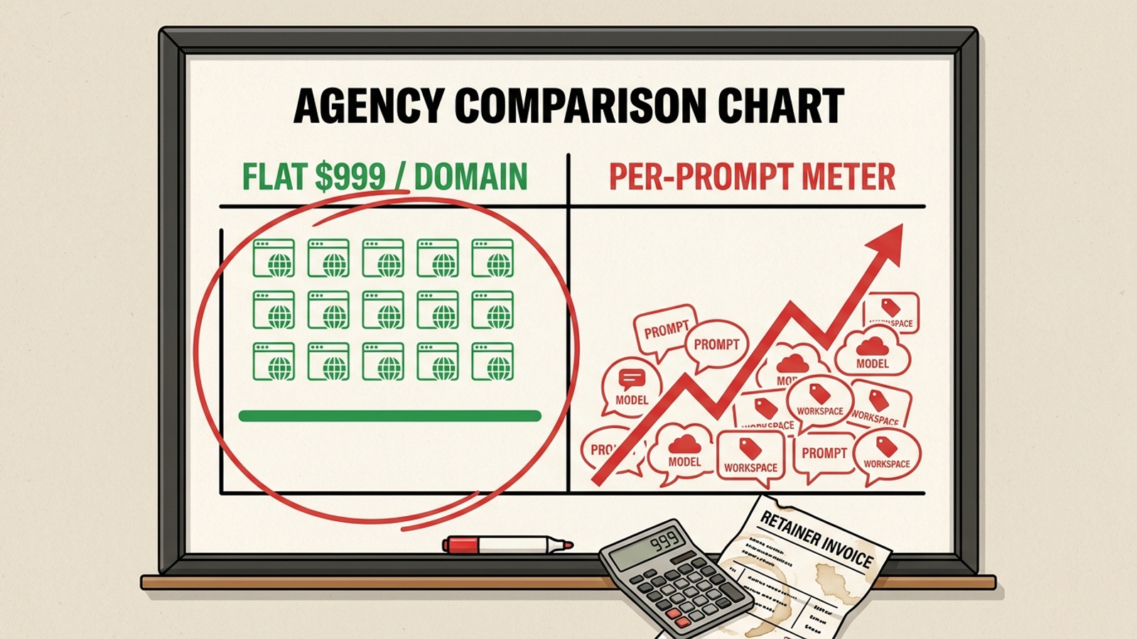 Infographic comparing flat per-domain AEO cost with metered per-prompt costs