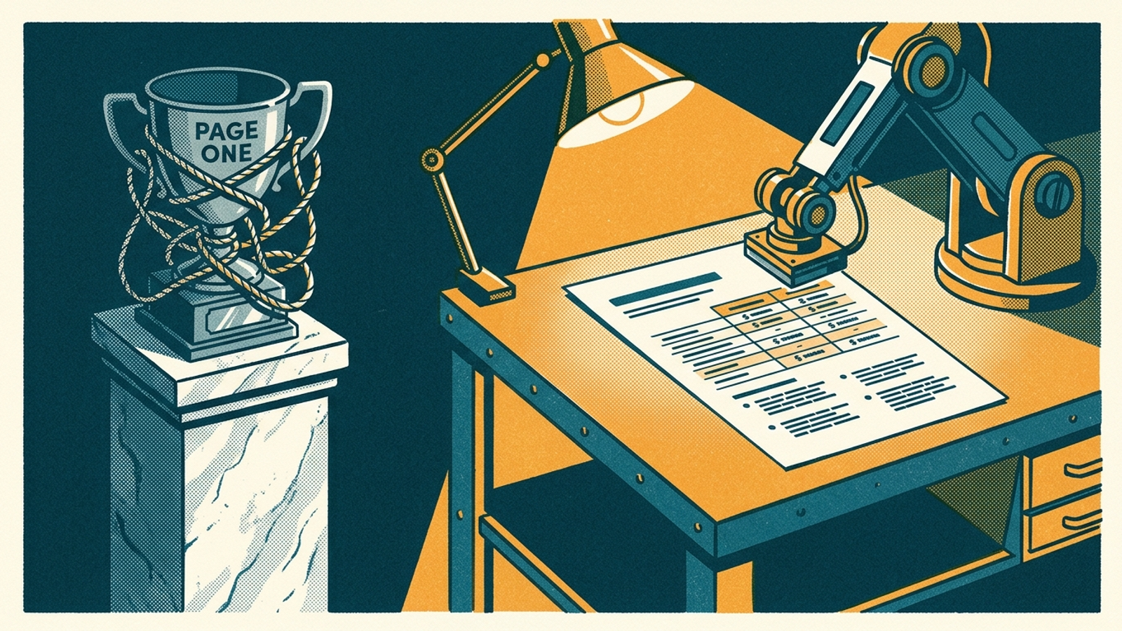 Google ranking trophy beside an AI scanner examining a technical specification sheet