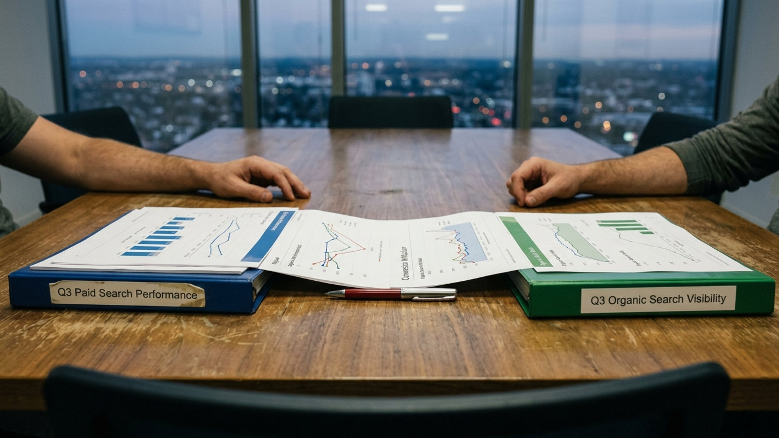 Photograph of an empty conference table with separate PPC and SEO binders beside a single red pen.