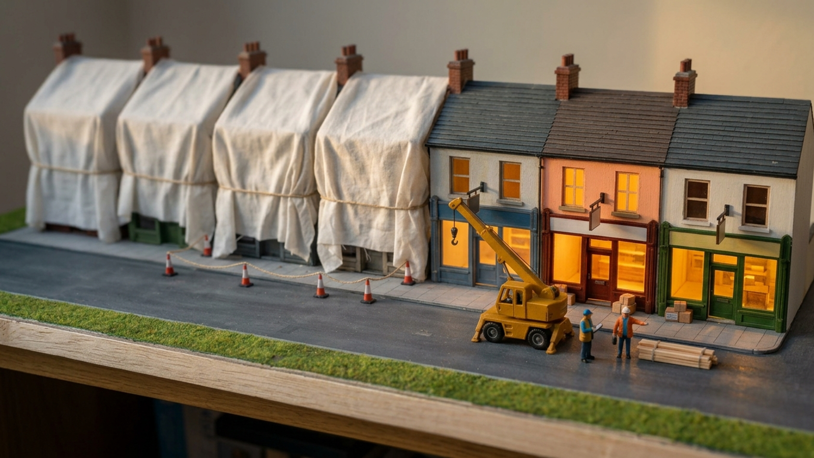Model street of ten tiny shops, seven under dust sheets; two little figures direct a yellow crane renovating just three, a small pilot before scaling up.