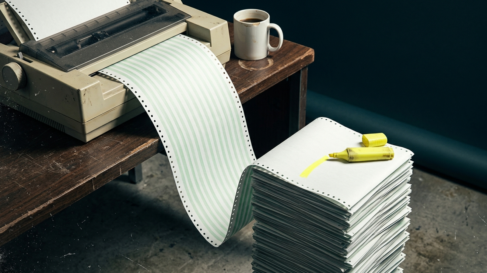 A dot-matrix printer spews a long stack of completely blank paper, a worn highlighter on top: the prompt report beginners want doesn't exist.