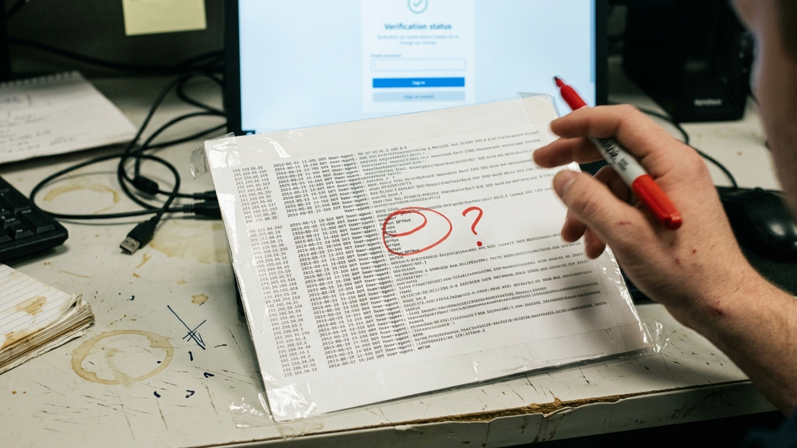 Documentary photo of a server log printout where a fake AI bot entry is circled in red pen