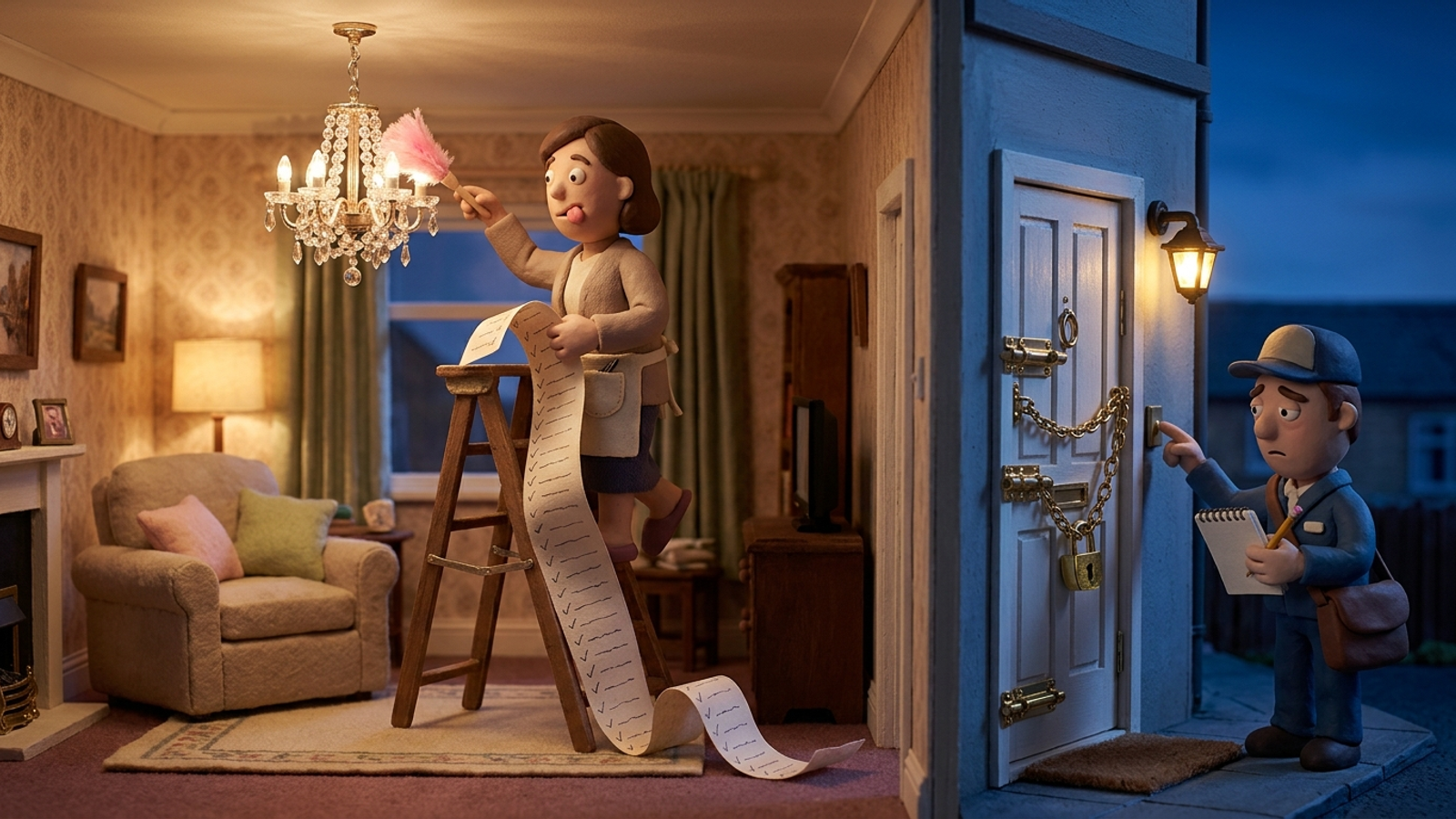 Clay homeowner dusts a chandelier from a checklist while a courier waits outside her heavily bolted front door, unable to get in.