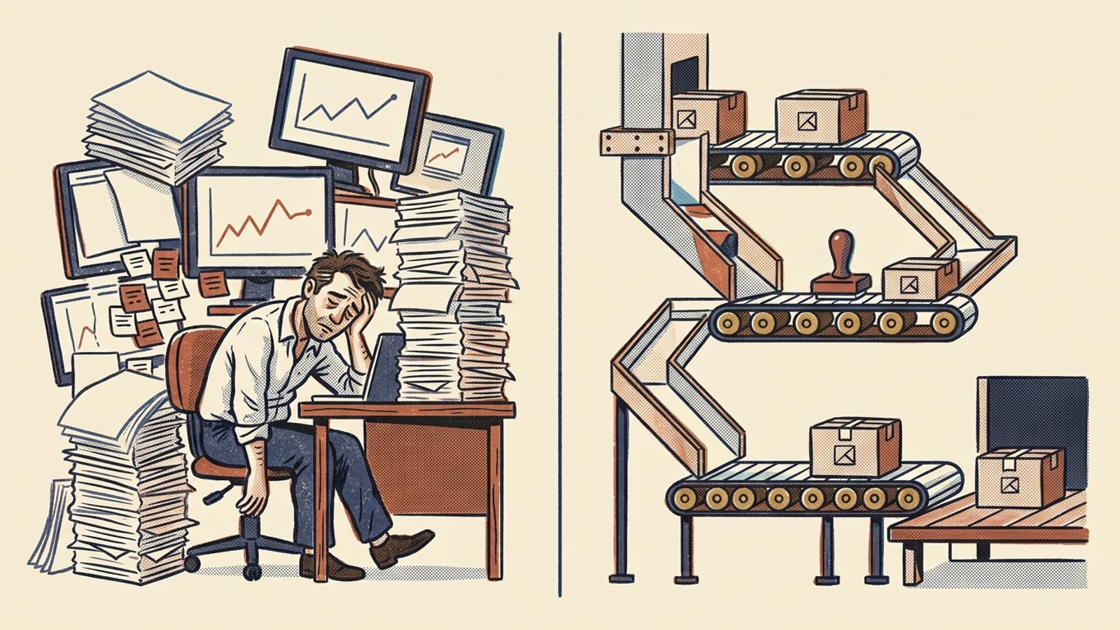 A desk worker surrounded by audit printouts beside an automated pipeline shipping completed work.
