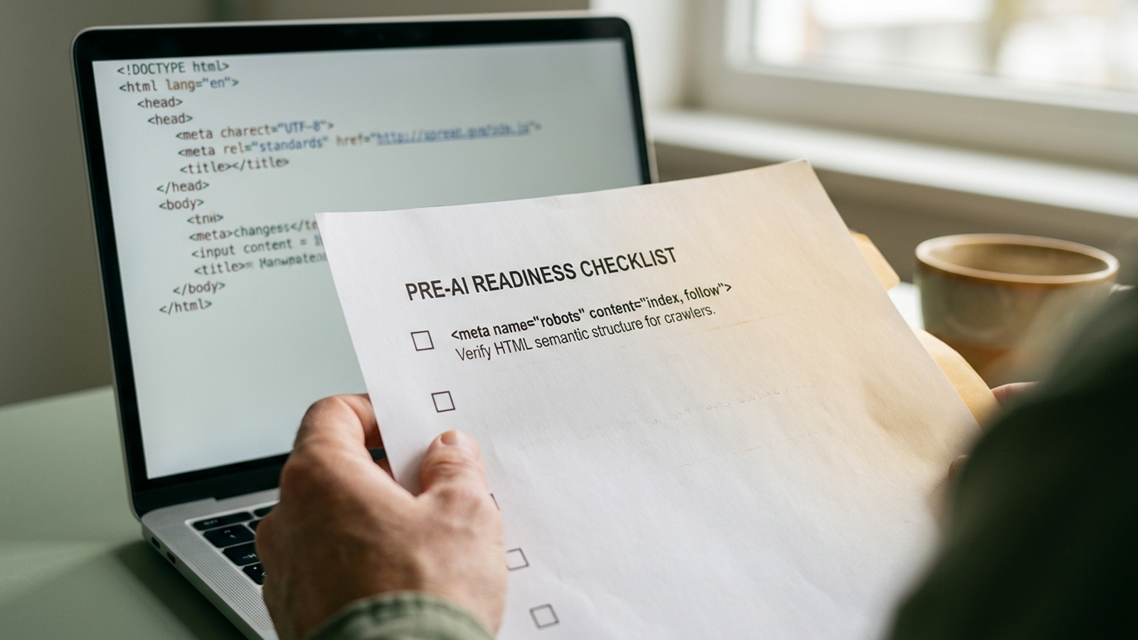 Photo of hands holding a printed 30-day checklist beside a laptop showing raw HTML
