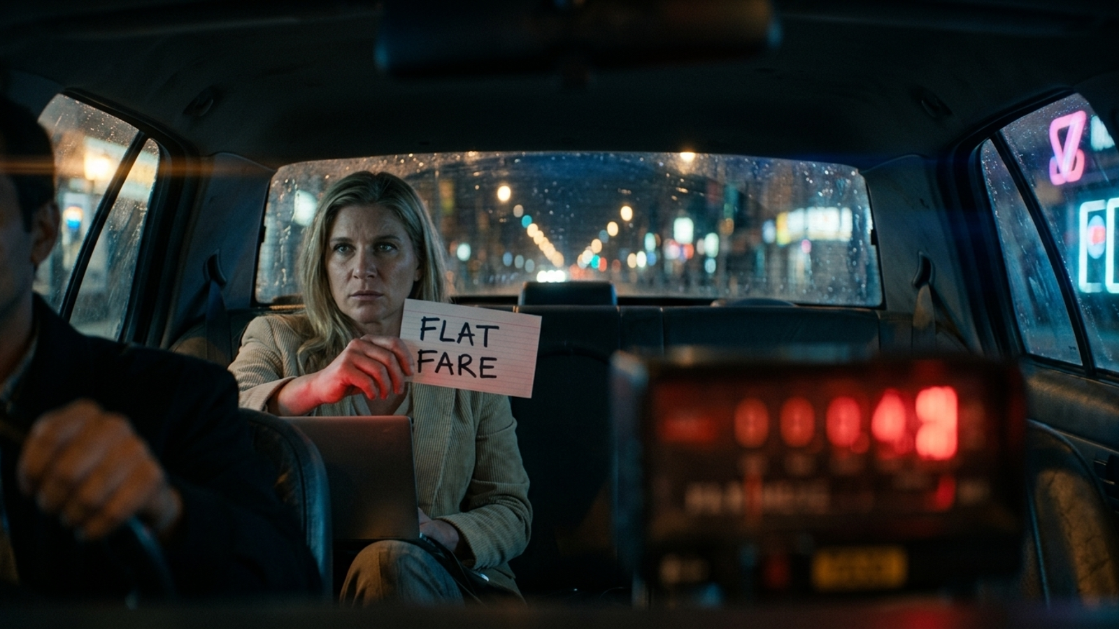 An agency owner in a night taxi holds up a 'FLAT FARE' card as the red meter keeps climbing: a fixed retainer meeting metered costs.