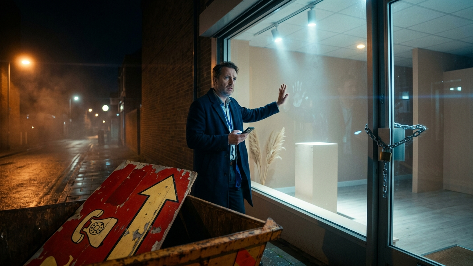 A man presses his hand to a chained shop window redone into an empty minimalist display, while the old sign that actually sold things lies in a skip.