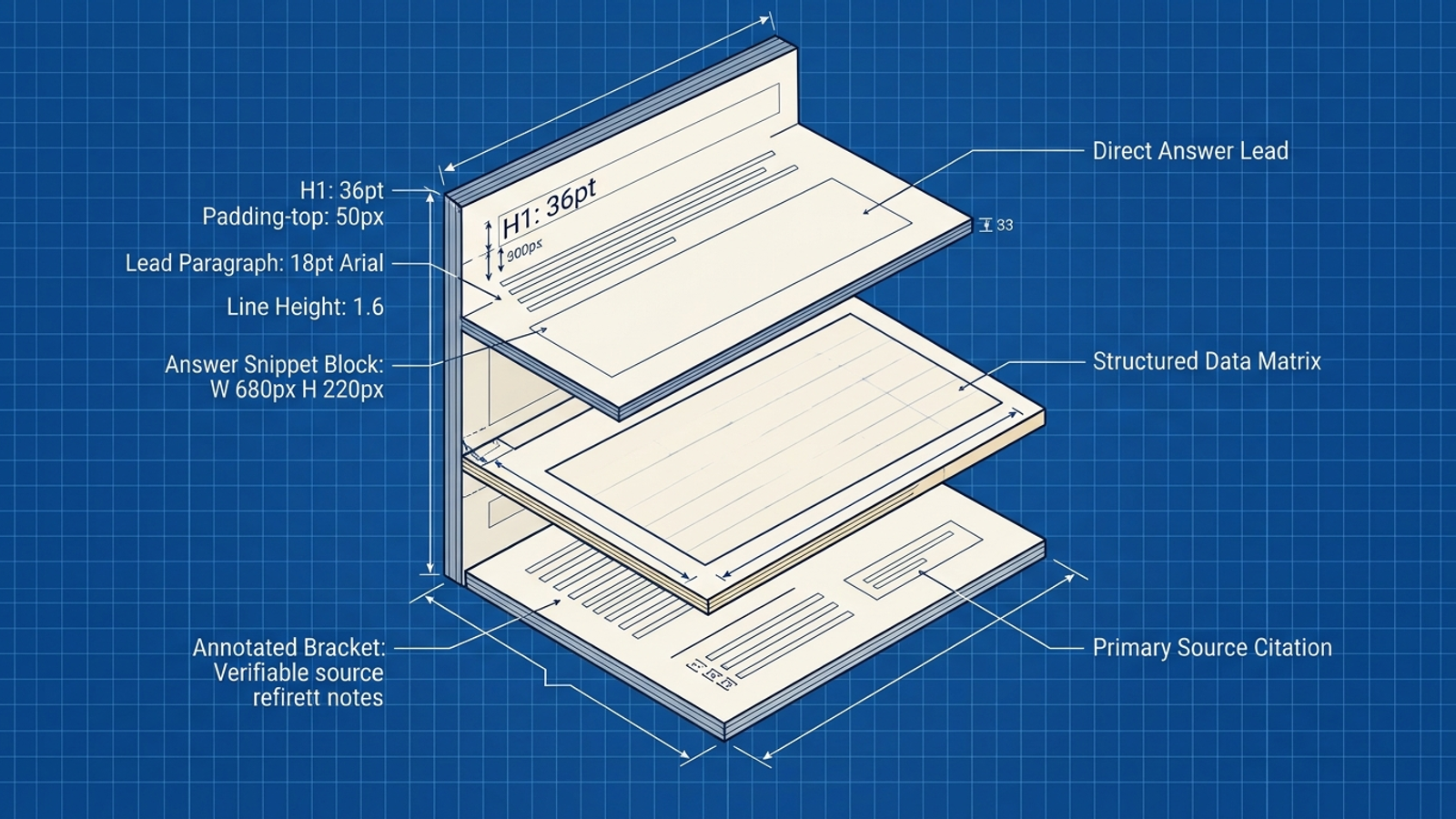 Cutaway technical diagram showing the layered blueprint of an answer-first page structured for AI search retrieval.