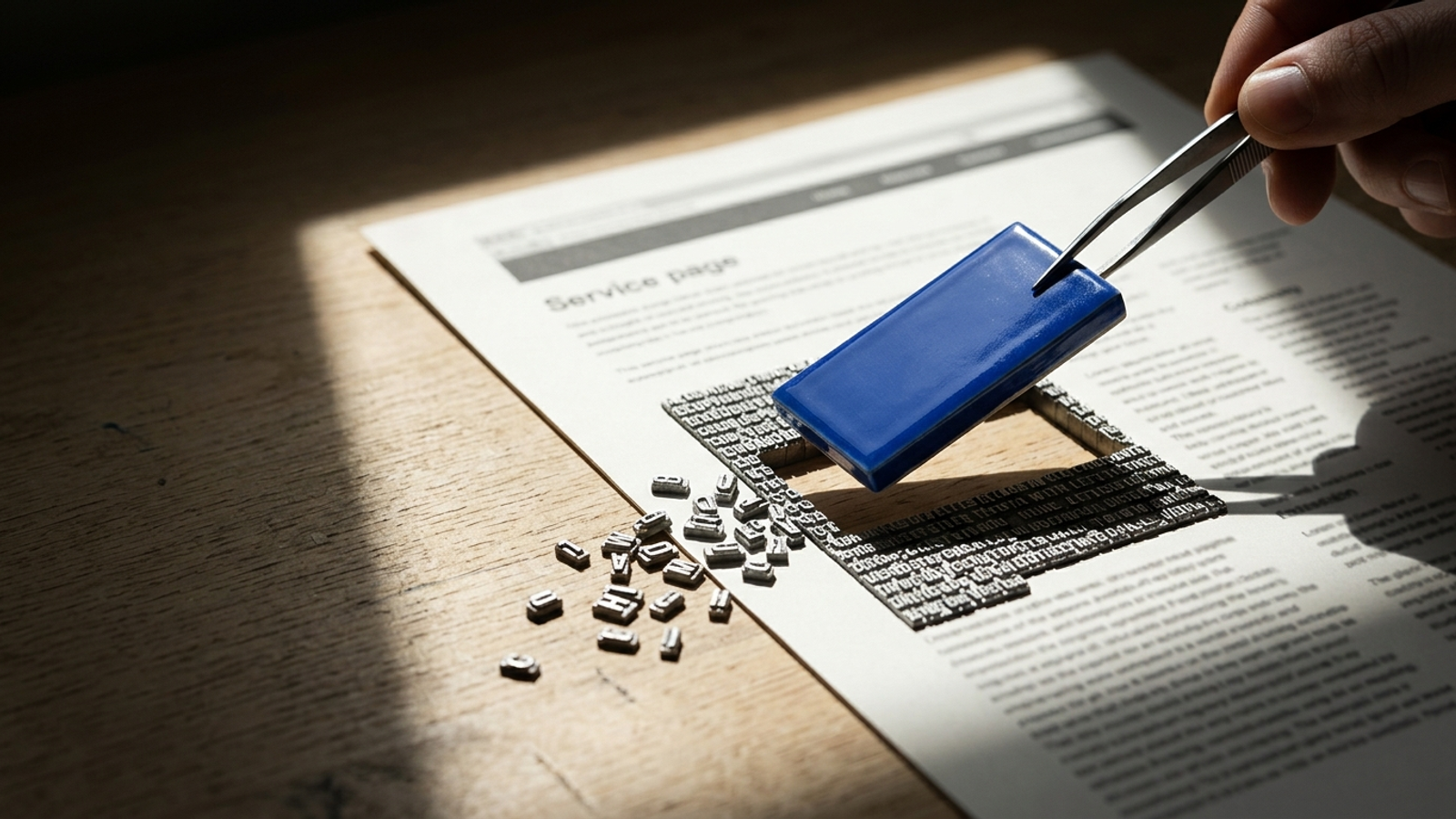 Tweezers lift one paragraph from a printed page as a solid blue tile, while surrounding paragraphs of loose metal letters spill apart.