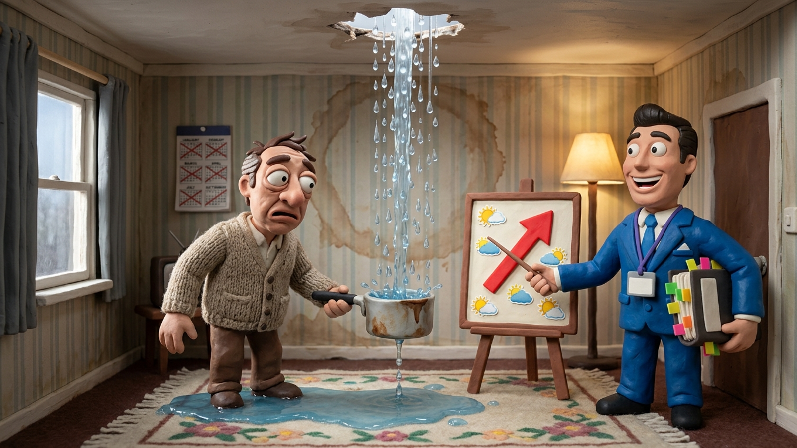 Clay figure stands under a leaking roof holding a pan while a smiling clay weatherman presents a sunny forecast — reporting the problem instead of fixing it.
