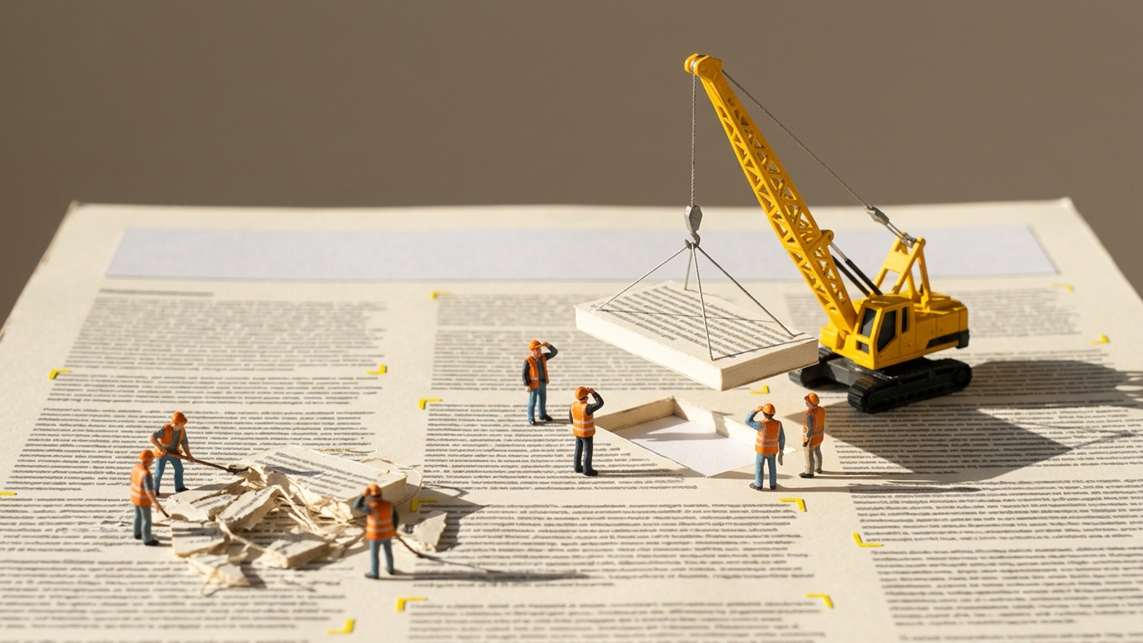 A tiny crane lifts one intact paragraph slab out of a giant printed web page while another paragraph crumbles when workers try to pry it loose.