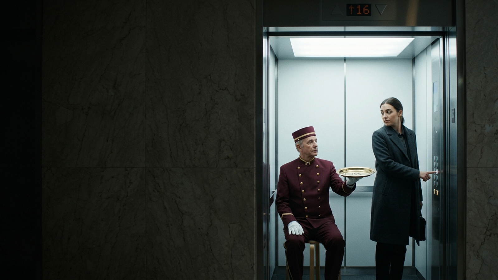 An old-fashioned elevator operator sits idle in an automatic elevator, holding out a tip tray marked 15% as the passenger presses the button herself.
