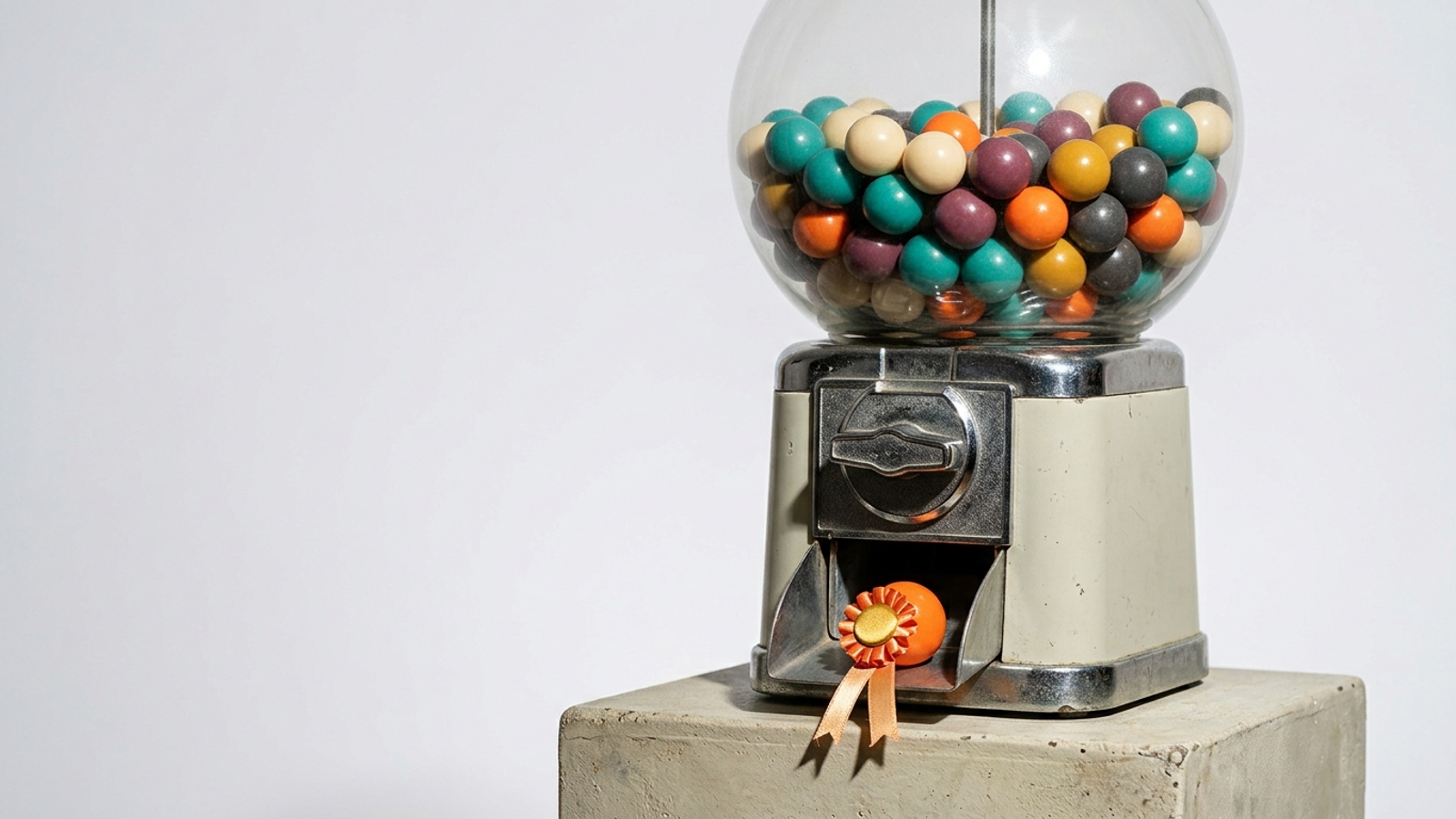 A gumball machine full of mixed colours drops one orange gumball wearing a first-prize rosette, mocking a single lucky draw treated as a winning rank.