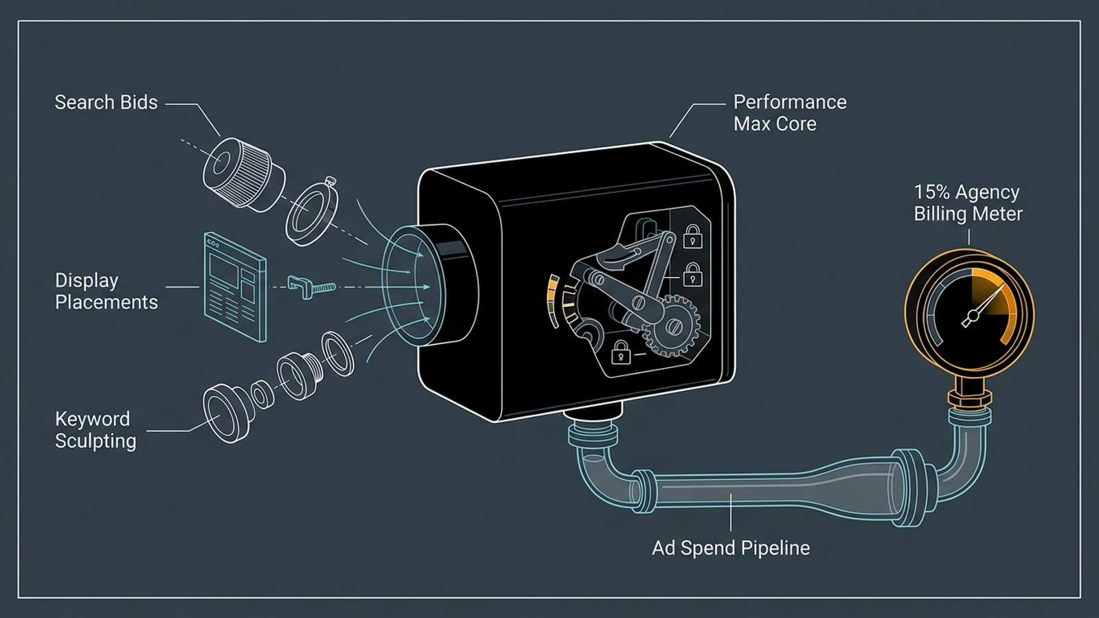Technical cutaway of ad channels feeding an automated core beside a rising spend-based fee gauge.