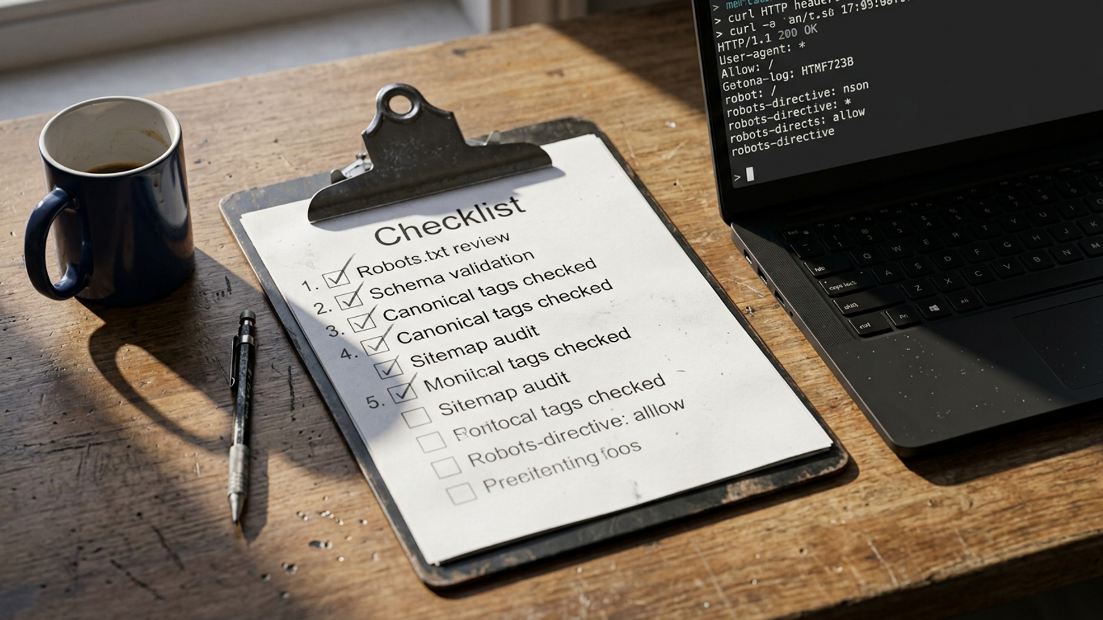 Printed technical checklist beside a terminal displaying server headers.