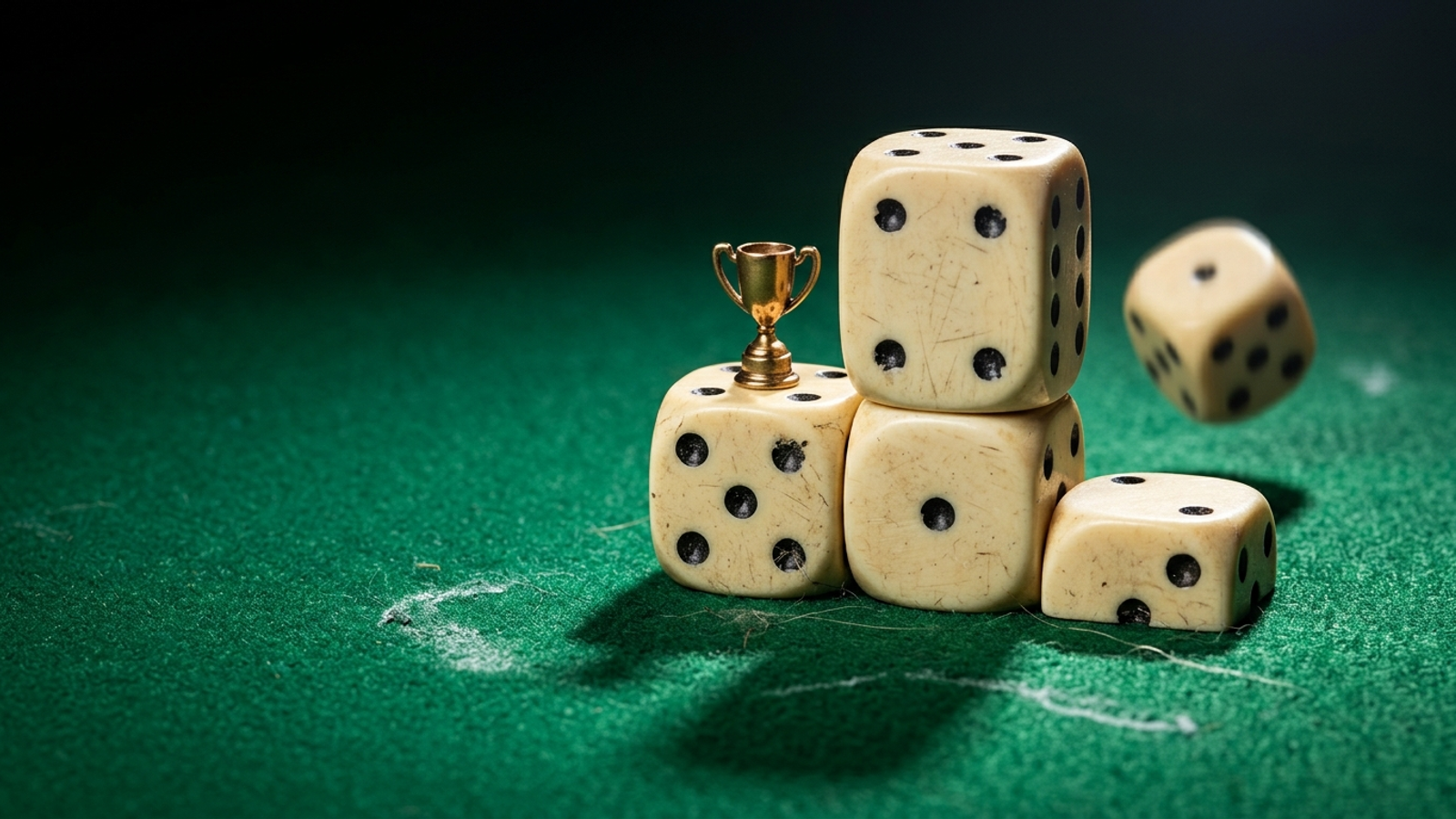 A winner's podium built from stacked dice with a tiny trophy on second place, a loose die mid-roll behind it: an AI 'ranking' is just one roll.