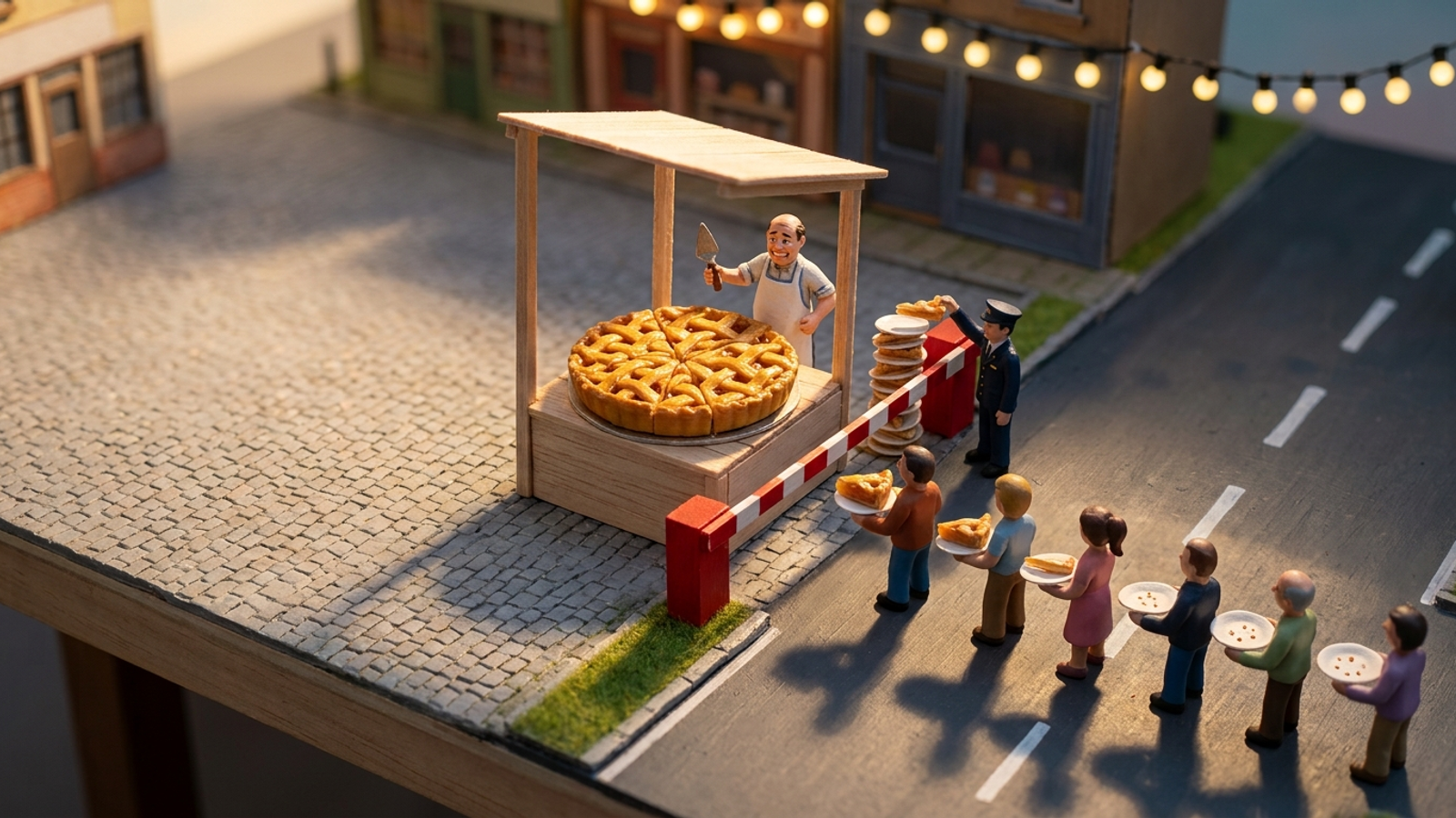 Tiny model bakery where a toll gate skims a slice from every customer's pie, so the last clients in a long queue get only crumbs.