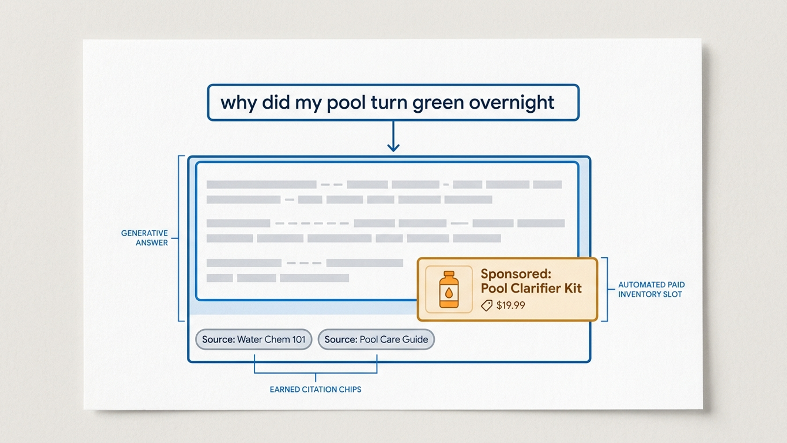 Diagram of an AI Overview about green pool water with an inline source link and a sponsored product card.
