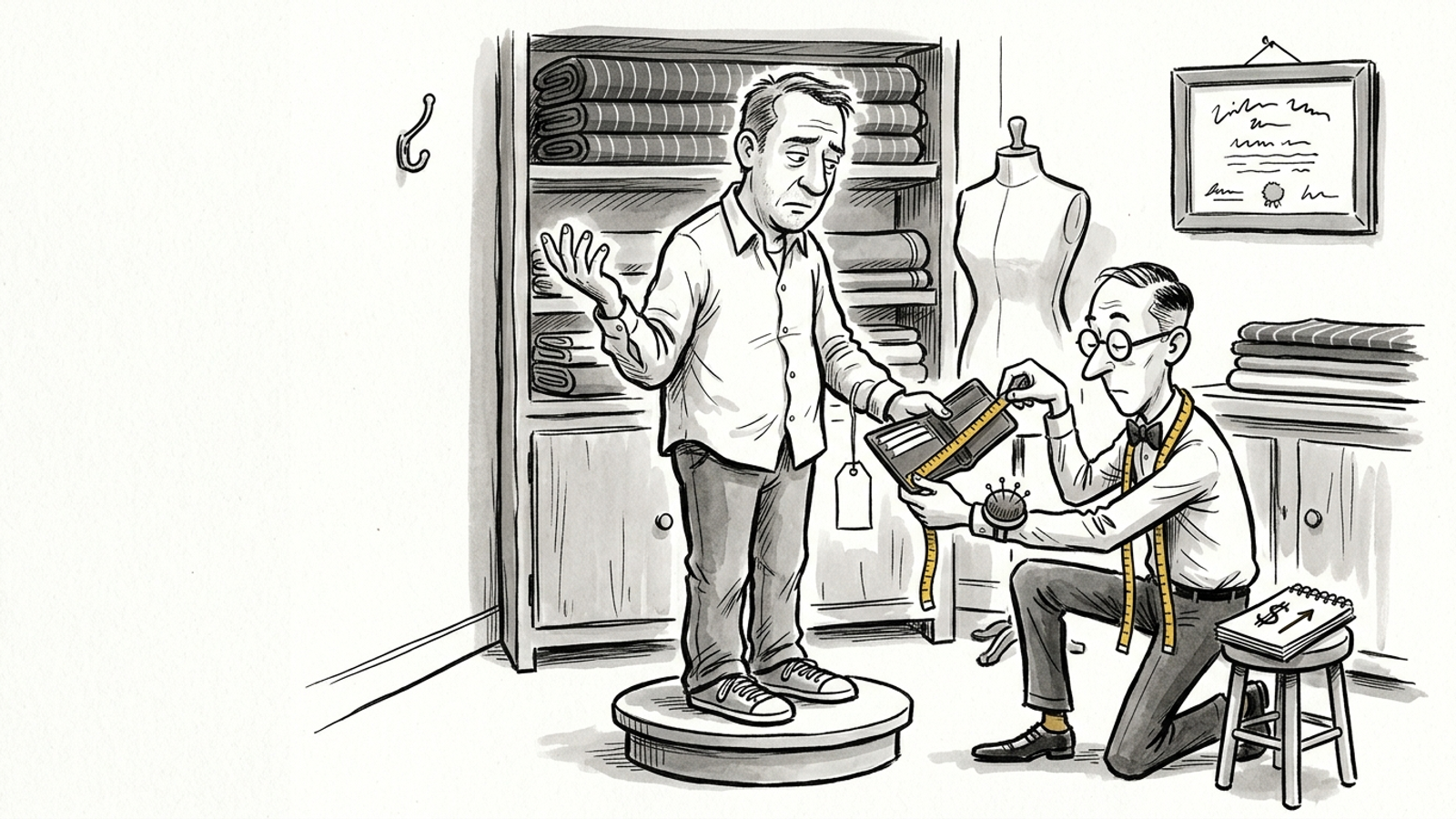 Cartoon tailor ignores a customer's body and carefully measures the thickness of his wallet: a 'tailored' price fitted to the budget, not the job.