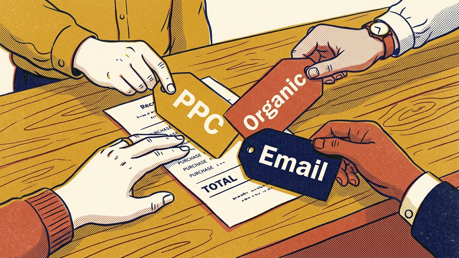Illustration of three hands placing claim tags on the same store receipt
