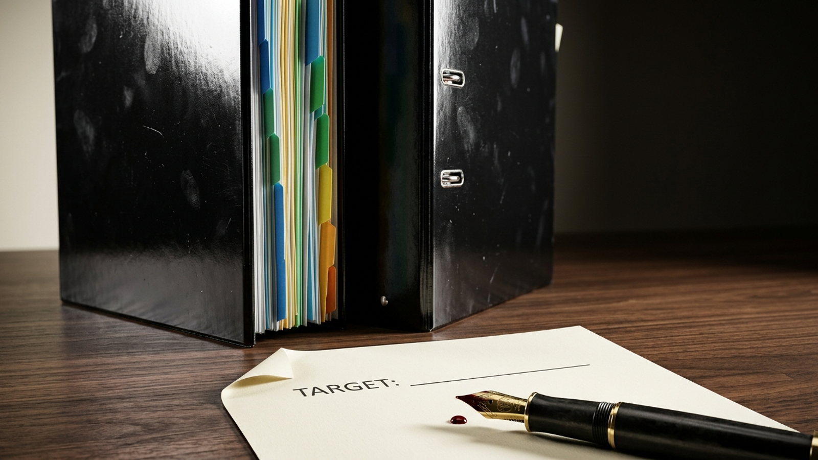 Two towering identical agency proposal binders loom over a single contract page whose 'TARGET' line is left blank, a fountain pen waiting beside it.
