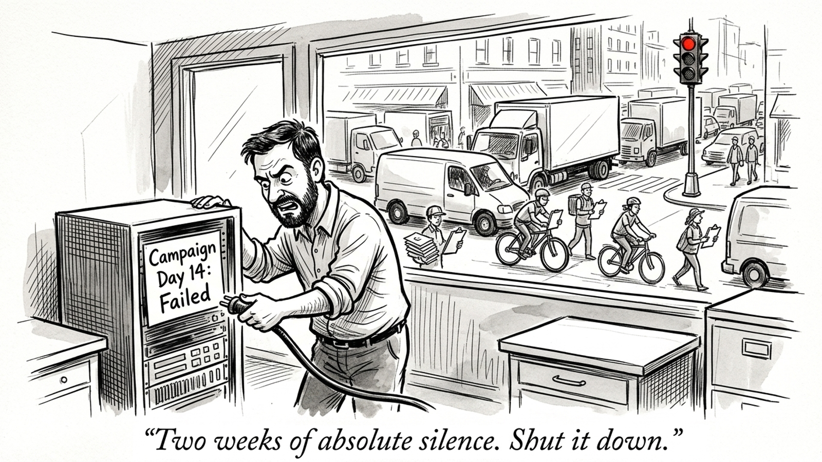 Pen-and-ink cartoon of a business owner unplugging an ad server on day 14 as a delivery van approaches unseen