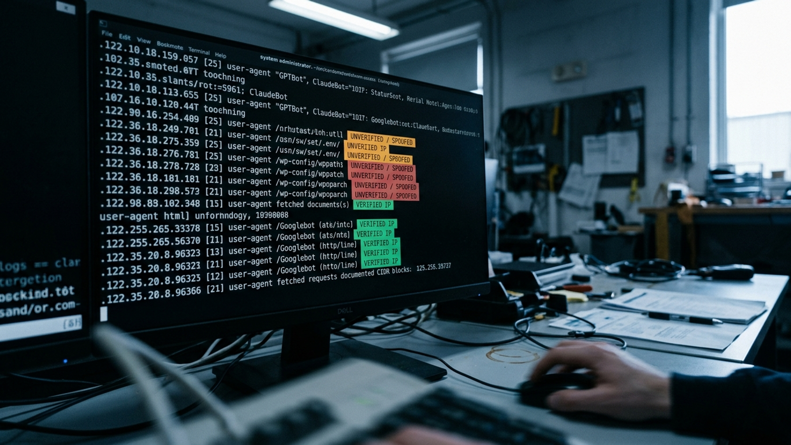 Server-log view comparing claimed AI bot user-agents with verification results.