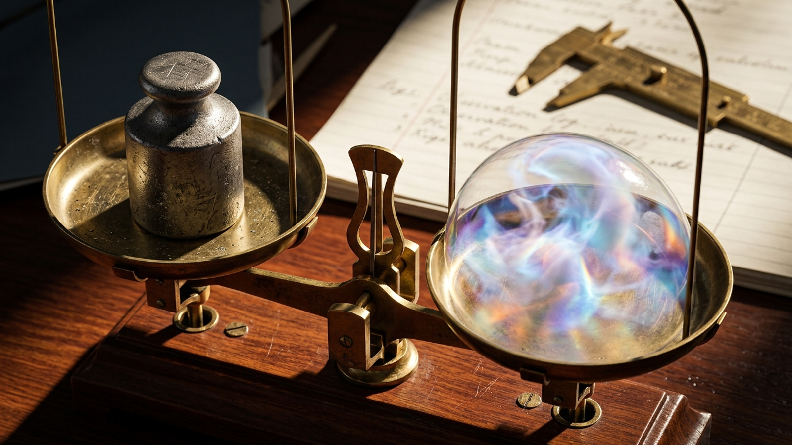 A balance scale weighing a solid brass weight against shifting holographic fog.