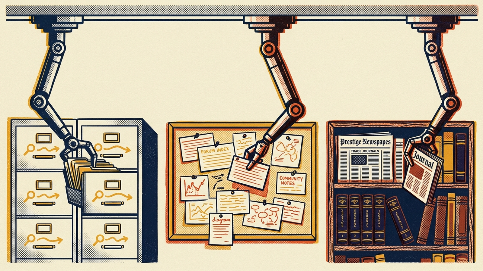 Three robotic arms selecting citations from a search index, a forum archive, and a news archive.