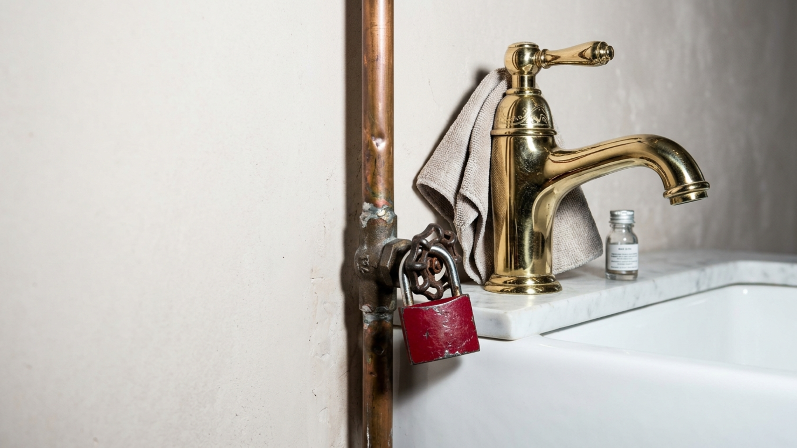 A polished brass tap stays dry over an empty basin because the pipe feeding it is padlocked shut: perfecting the outlet is useless when the supply is blocked.