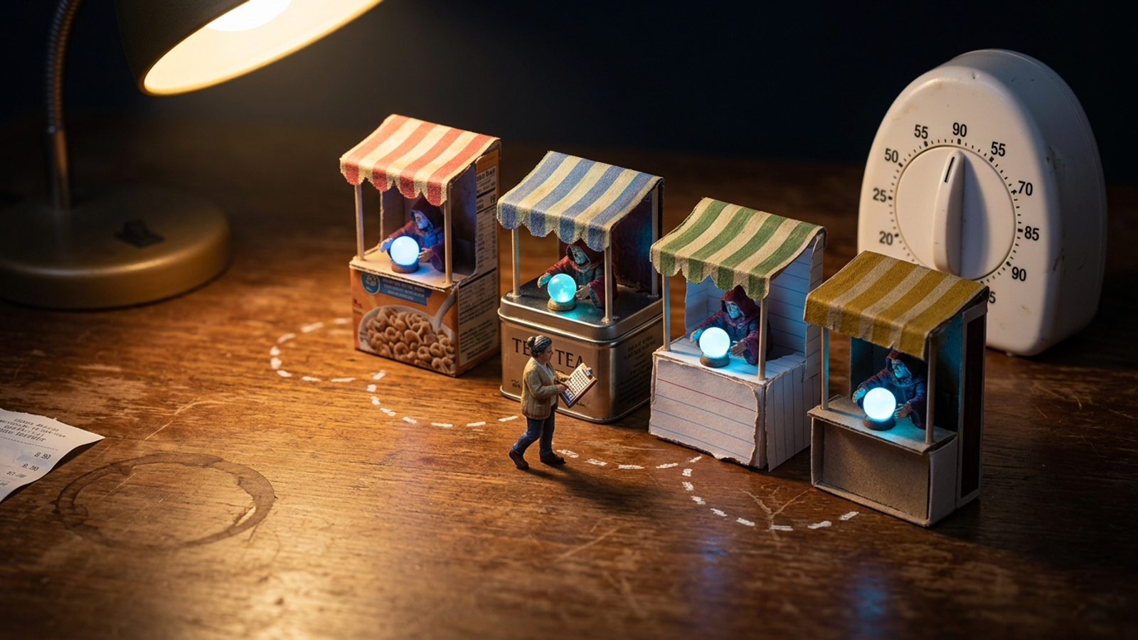 A tiny shop owner with a clipboard visits four miniature fortune-teller booths in turn, while a giant kitchen timer set to 90 minutes looms beside them.