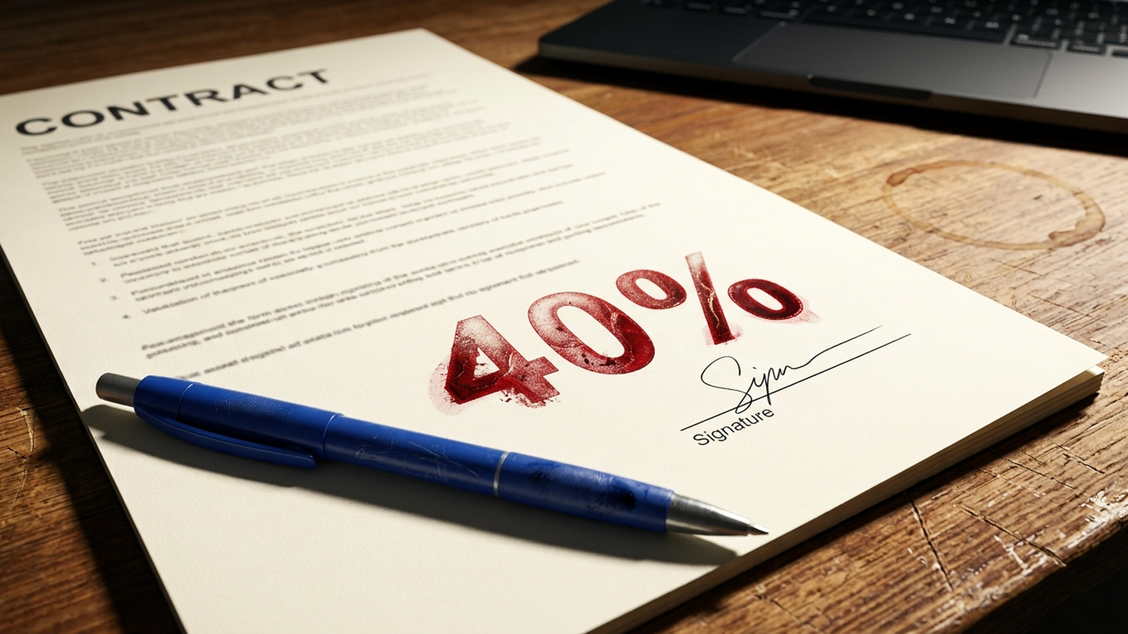 Contract with a written 40 percent target stamped in ink
