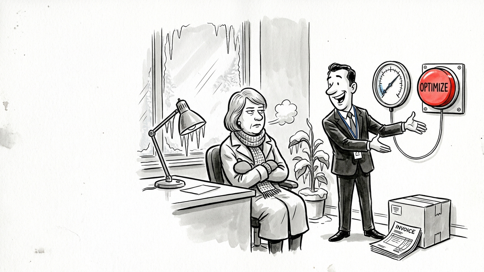 Cartoon of a vendor proudly showing a freezing business owner a thermometer with a red OPTIMIZE button: monitoring sold as if it were heating.
