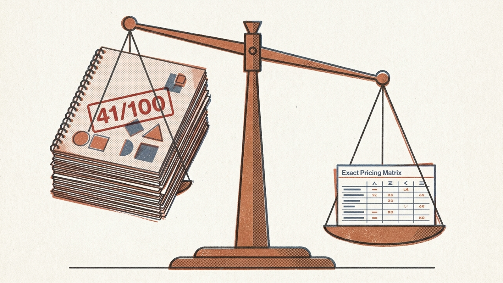 A conceptual risograph print showing a thick audit report outweighed on a brass scale by a single index card.