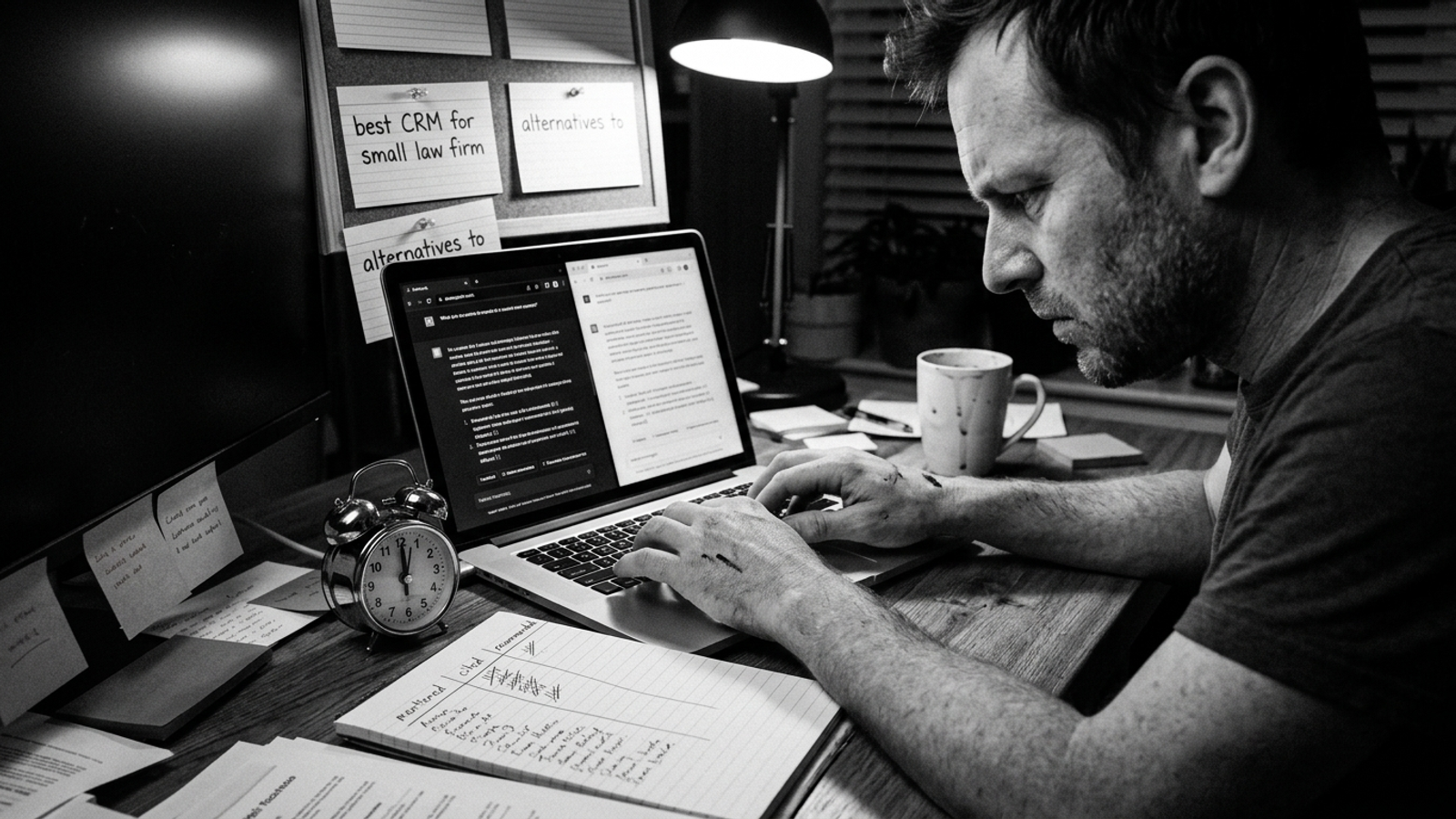Solo marketer's desk with 15 buyer prompts above a laptop showing ChatGPT and Perplexity answers
