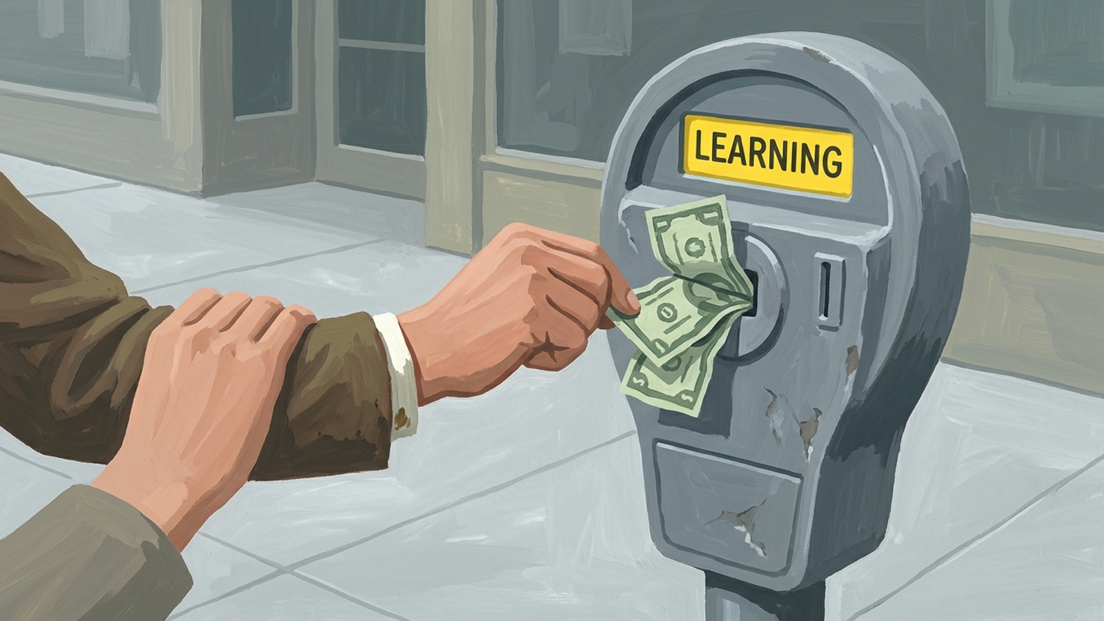 A parking meter labeled Learning takes dollar bills while a hand waits beside it