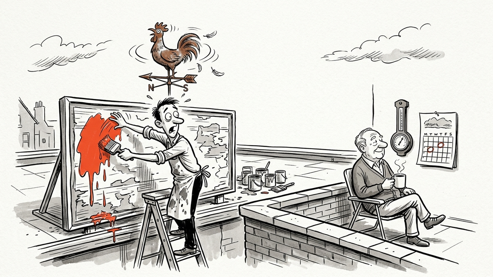 Cartoon of a panicked shop owner repainting his sign each time a spinning weathervane turns, while his calm neighbour checks a barometer and weekly calendar.