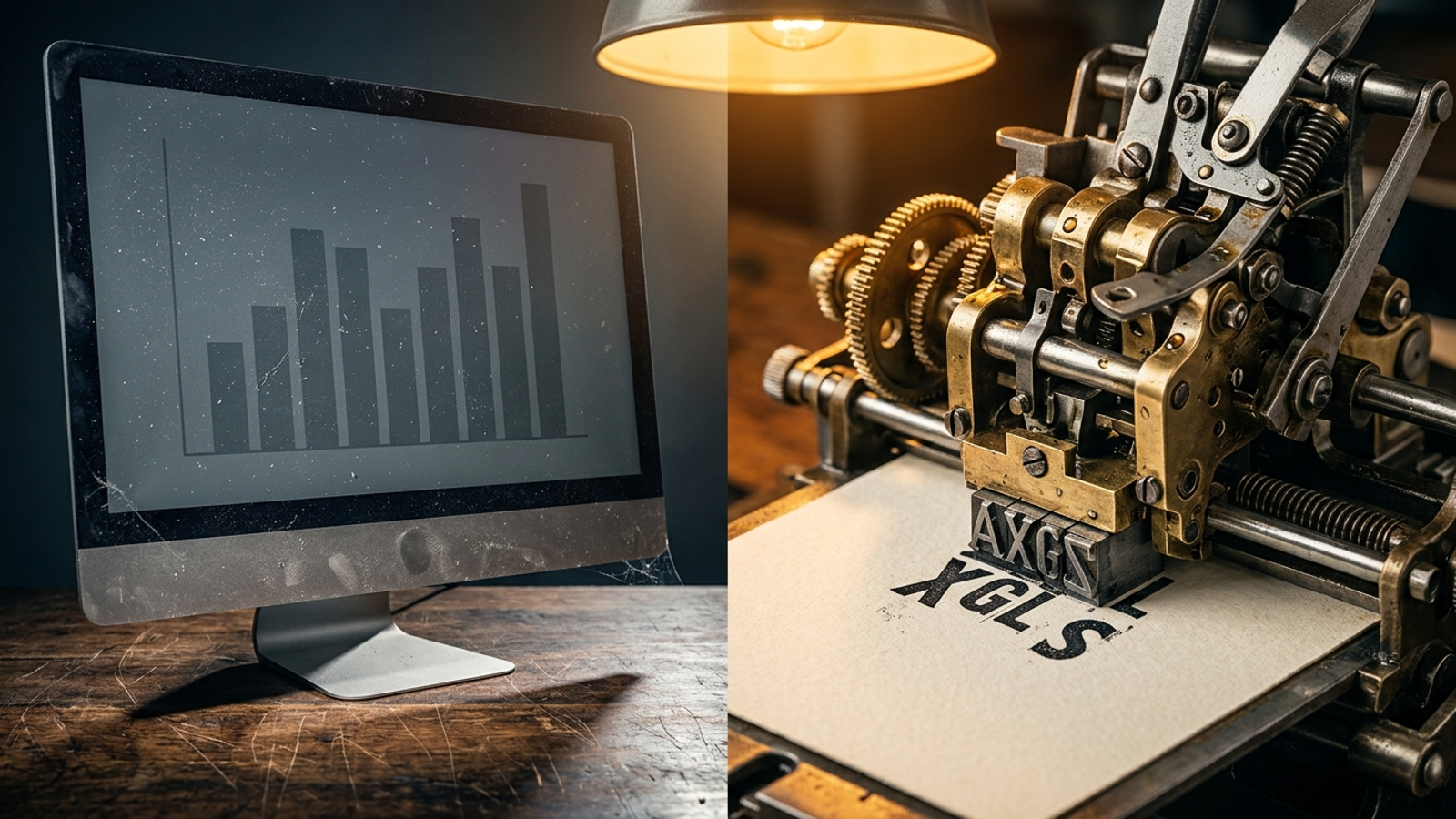 A passive analytics monitor sits opposite an active mechanical printing and typesetting press.