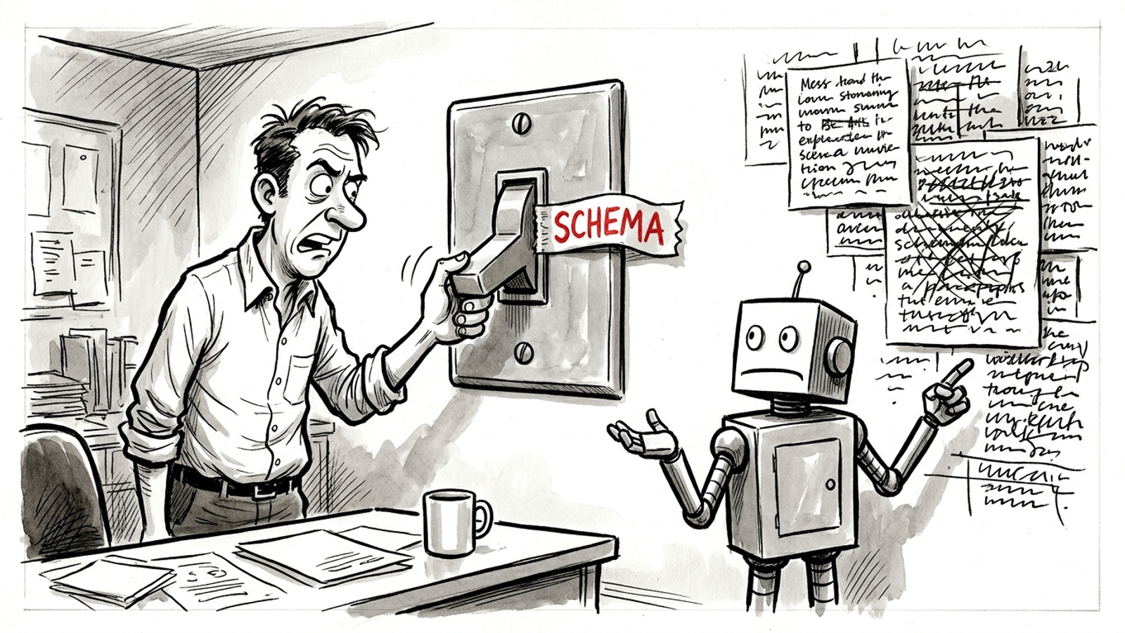 Ink cartoon of a marketer flipping a switch labelled SCHEMA while an AI robot looks at unreadable text