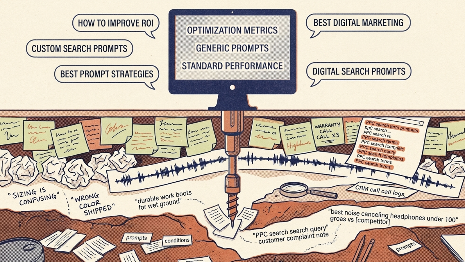 Illustration contrasting generic synthetic prompts with customer sales notes and search terms reports.