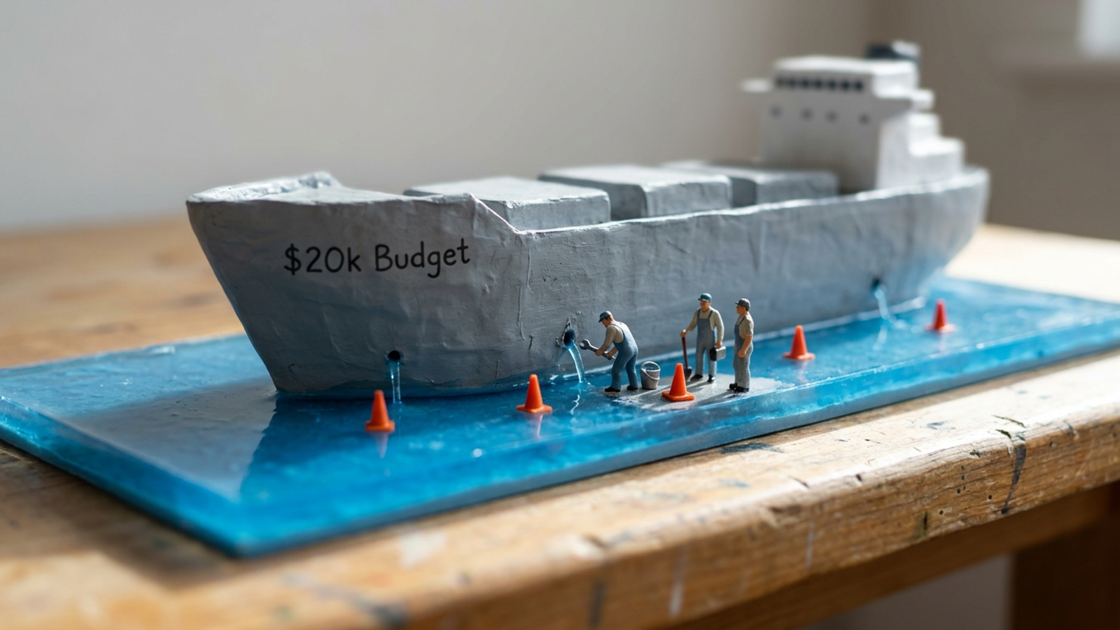 Maintenance crew patching leaks in a sinking ad budget ship