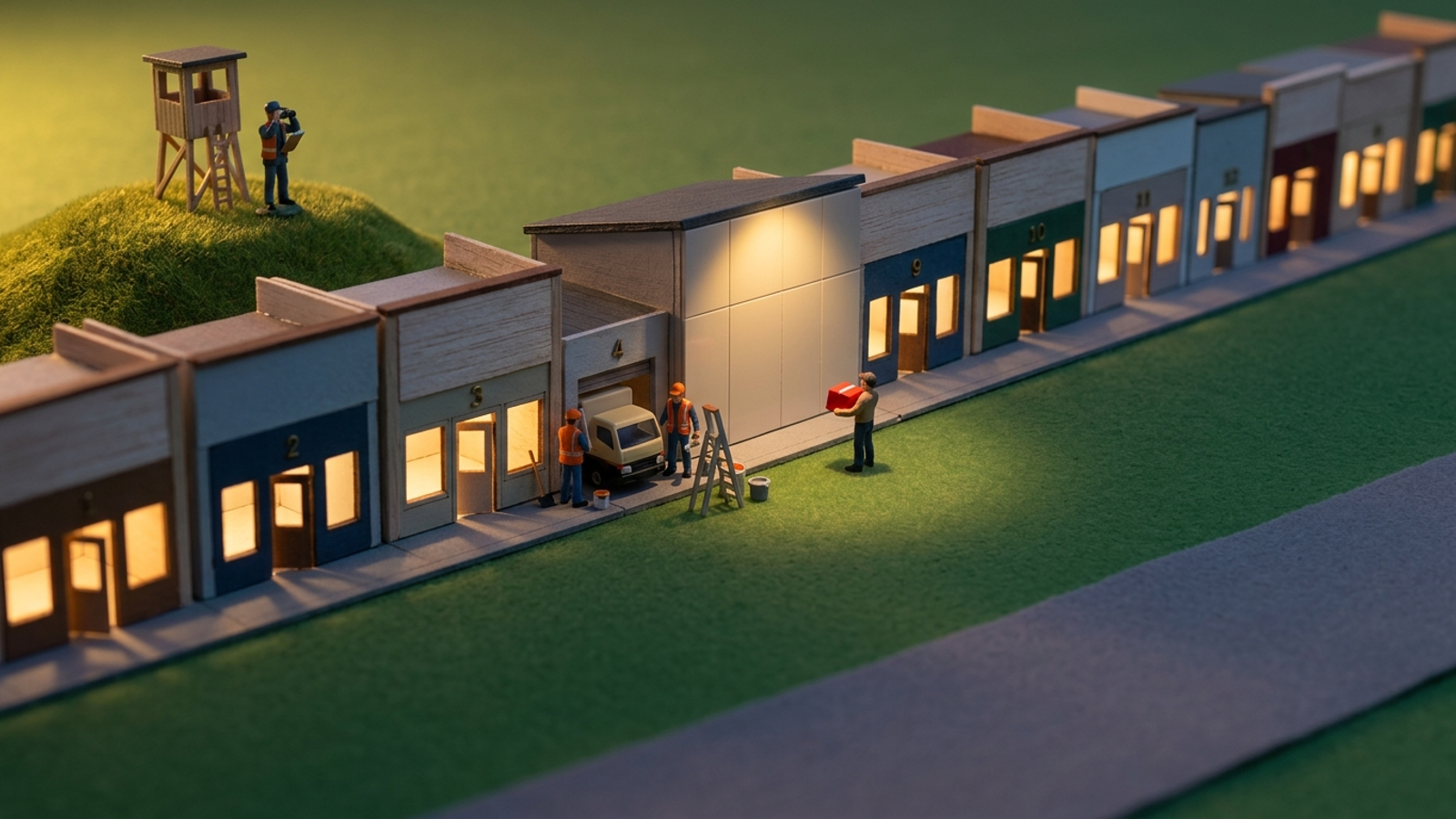 Tabletop model town where client building #4 has been redesigned with no door, leaving a tiny courier stranded while a distant watcher sees but can't help.