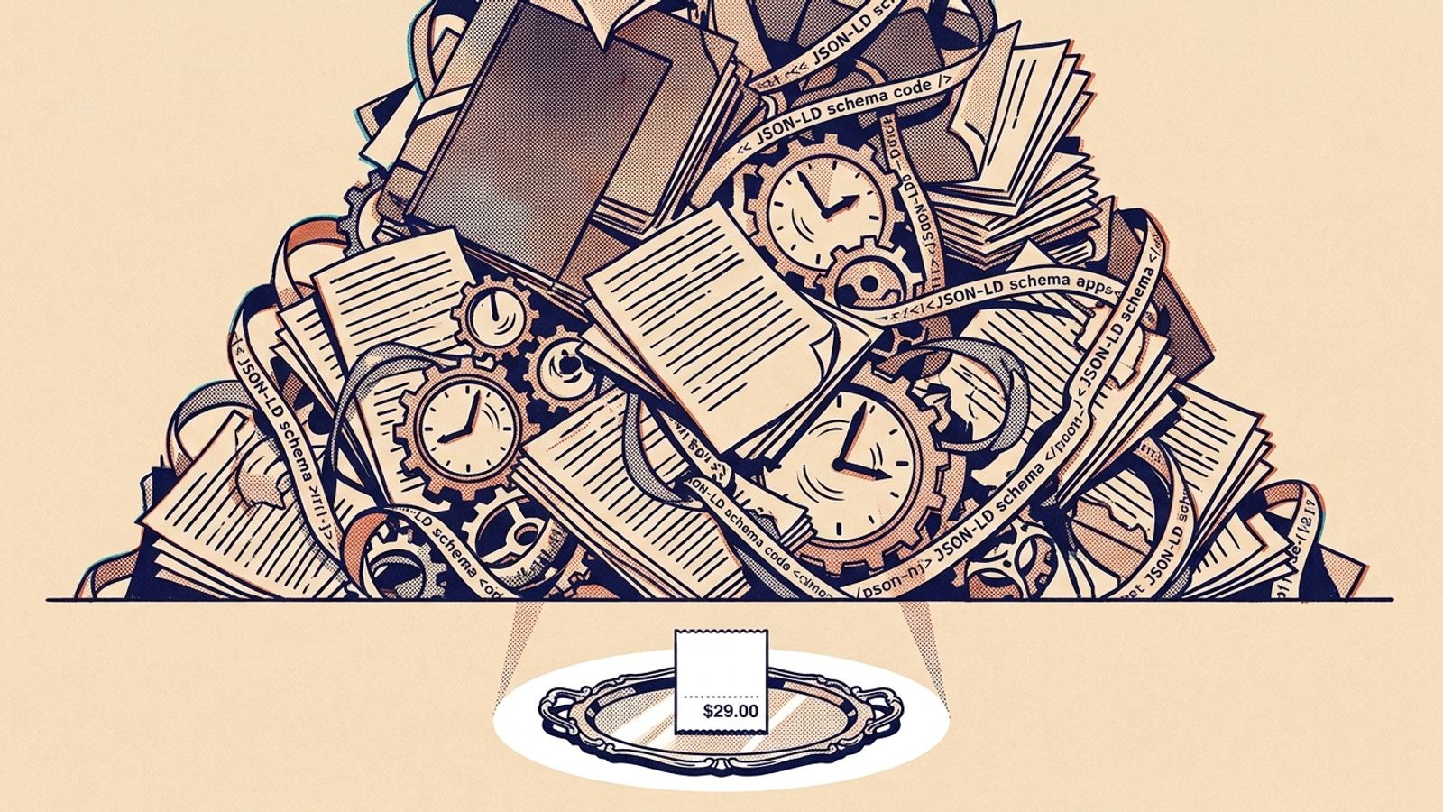 A small software invoice dwarfed by clocks, code and pages of writing.