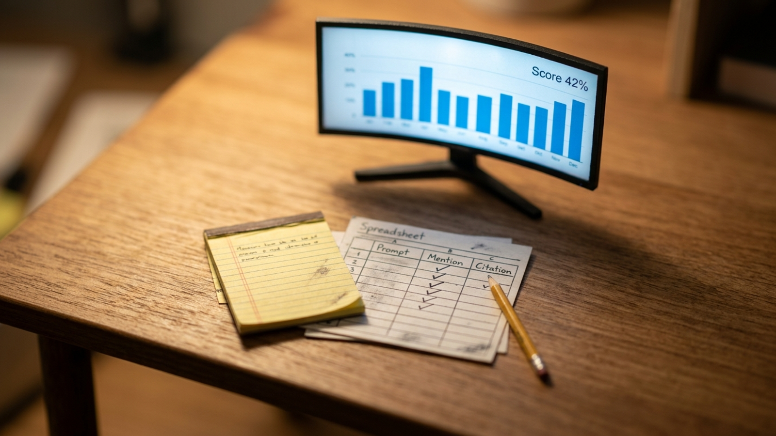 A desk diorama with a handwritten prompt spreadsheet beside a monitor displaying a generic visibility score.