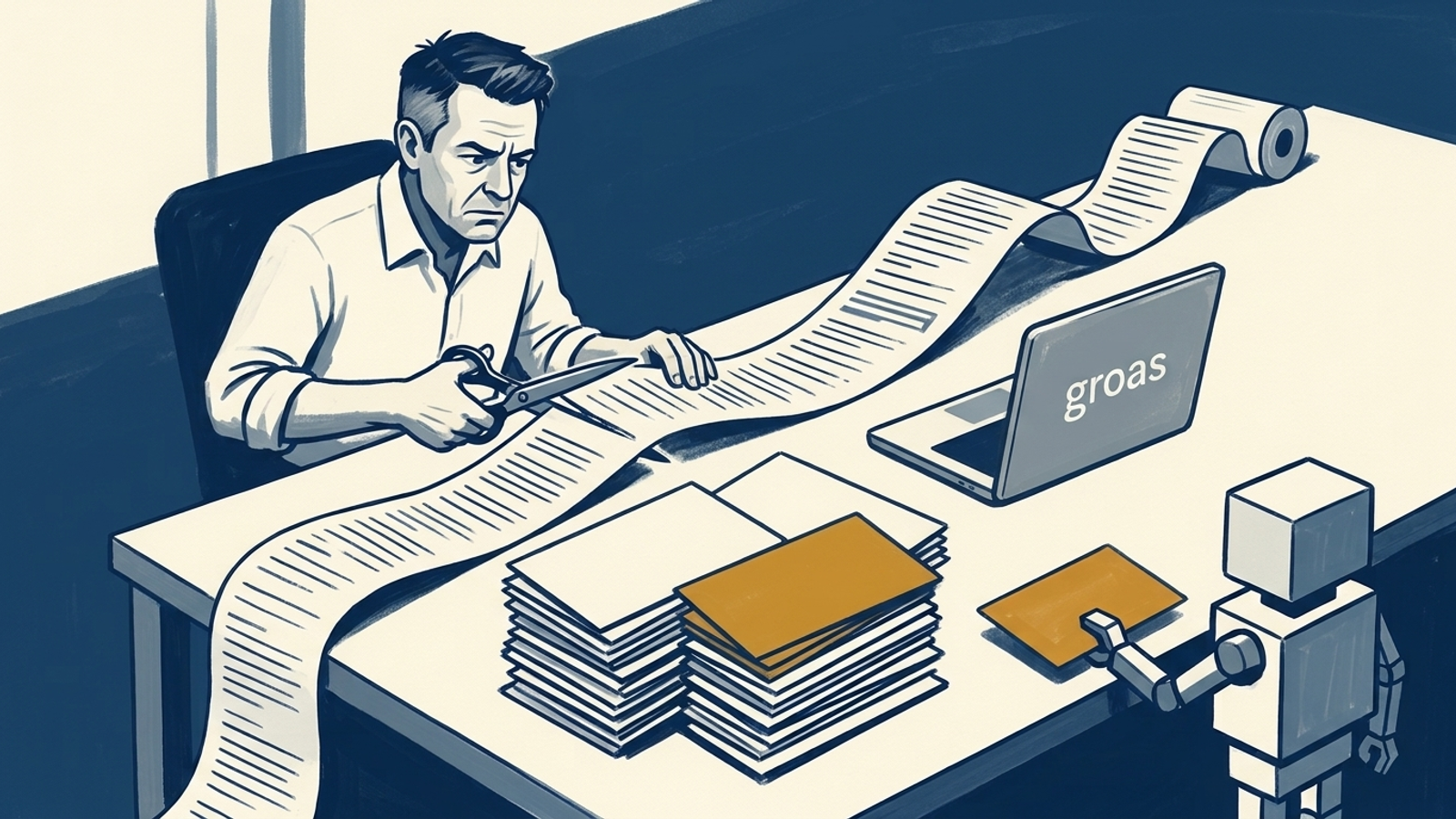 Scissors cutting a long web page into labelled answer cards beside a robot reader