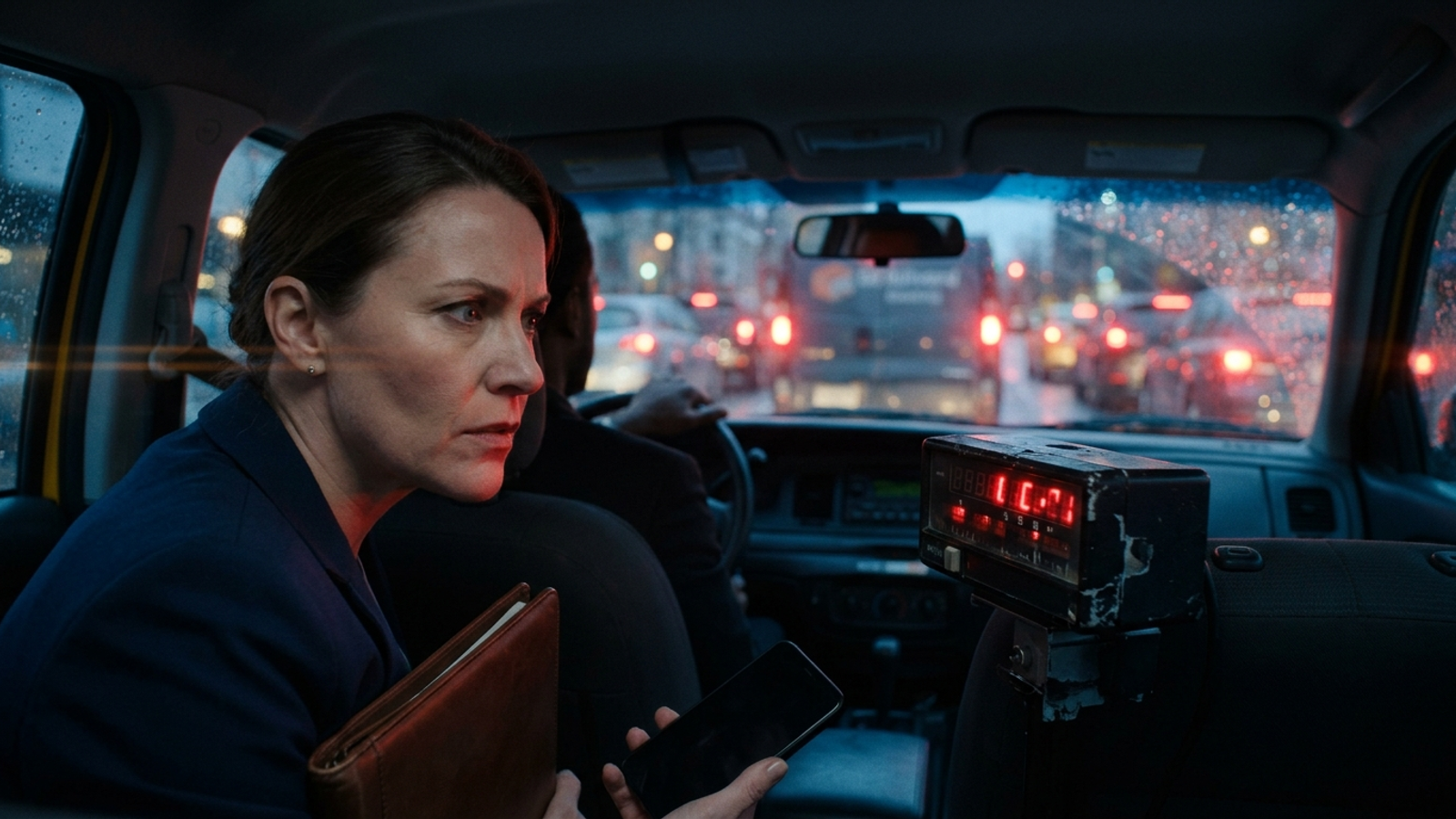 A woman in a gridlocked taxi stares at the glowing meter still ticking up: the fee keeps running even when results go nowhere.