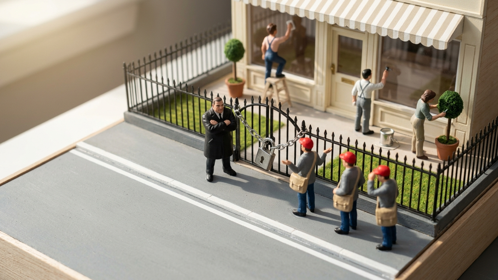Miniature model: staff polish a perfect little shop while a bouncer at its padlocked gate turns away couriers who can't get in.