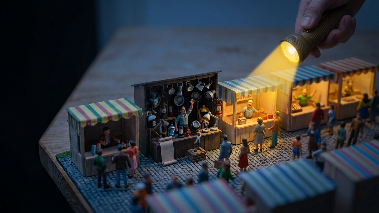 A giant flashlight lights up tiny market stalls but skips the one selling spotlights, whose owner waves unseen in the dark.