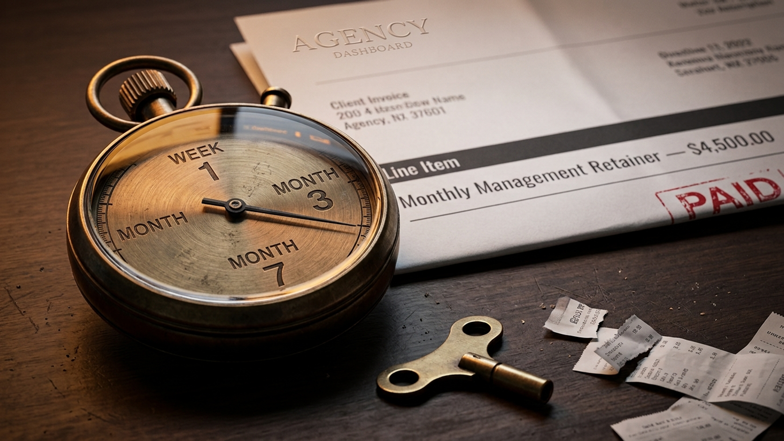 Studio still life of a tarnished brass stopwatch and a monthly agency invoice.